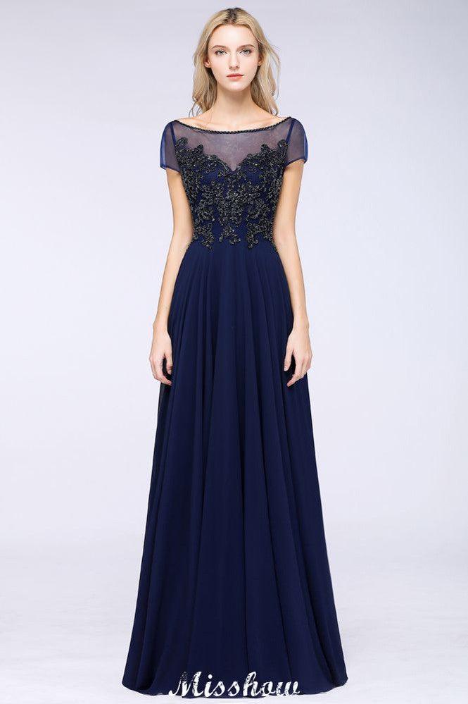 Elegant A-Line Short Sleeve Appliques Beads Bridesmaid Dresses Floor-Length Evening Dress