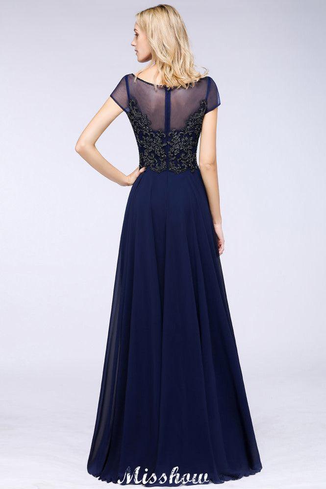 Elegant A-Line Short Sleeve Appliques Beads Bridesmaid Dresses Floor-Length Evening Dress
