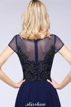 Elegant A-Line Short Sleeve Appliques Beads Bridesmaid Dresses Floor-Length Evening Dress