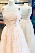 Elegantes A-Linien-Trägerkleid, hellblau, lang, mit Sternen, PSK129