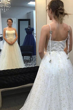 Elegantes A-Linien-Trägerkleid, hellblau, lang, mit Sternen, PSK129