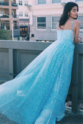 Elegantes A-Linien-Trägerkleid, hellblau, lang, mit Sternen, PSK129