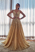 Robe de bal longue élégante en ligne A avec encolure en V, applications de dentelle et paillettes