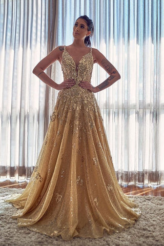 Elegant A-line V-neck Appliques Lace Sequins Long Prom Dress