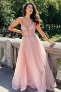Vestido Largo de Gala Sin Espalda con Cuello en V, Línea A, Abalorios y Tul Elegante