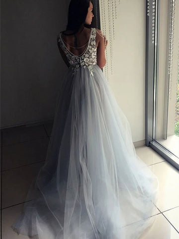 Elegantes A-Linien-Ballkleid mit V-Ausschnitt und offenem Rücken, Spitzenapplikationen, langes formelles Ballkleid