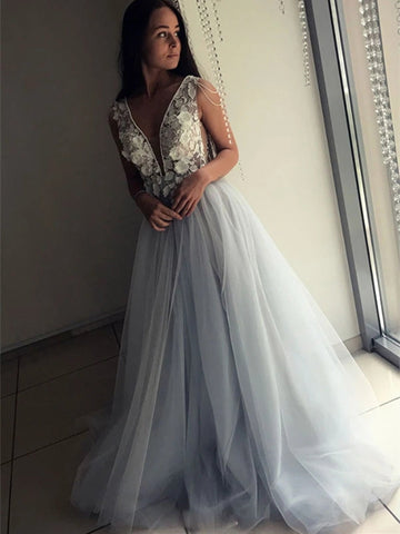 Elegantes A-Linien-Ballkleid mit V-Ausschnitt und offenem Rücken, Spitzenapplikationen, langes formelles Ballkleid