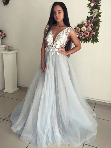 Elegantes A-Linien-Ballkleid mit V-Ausschnitt und offenem Rücken, Spitzenapplikationen, langes formelles Ballkleid