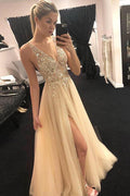 Elegante Abito da Ballo Lungo Giallo a Linea A con Scollo a V, Schiena Aperta e Spacco PG716