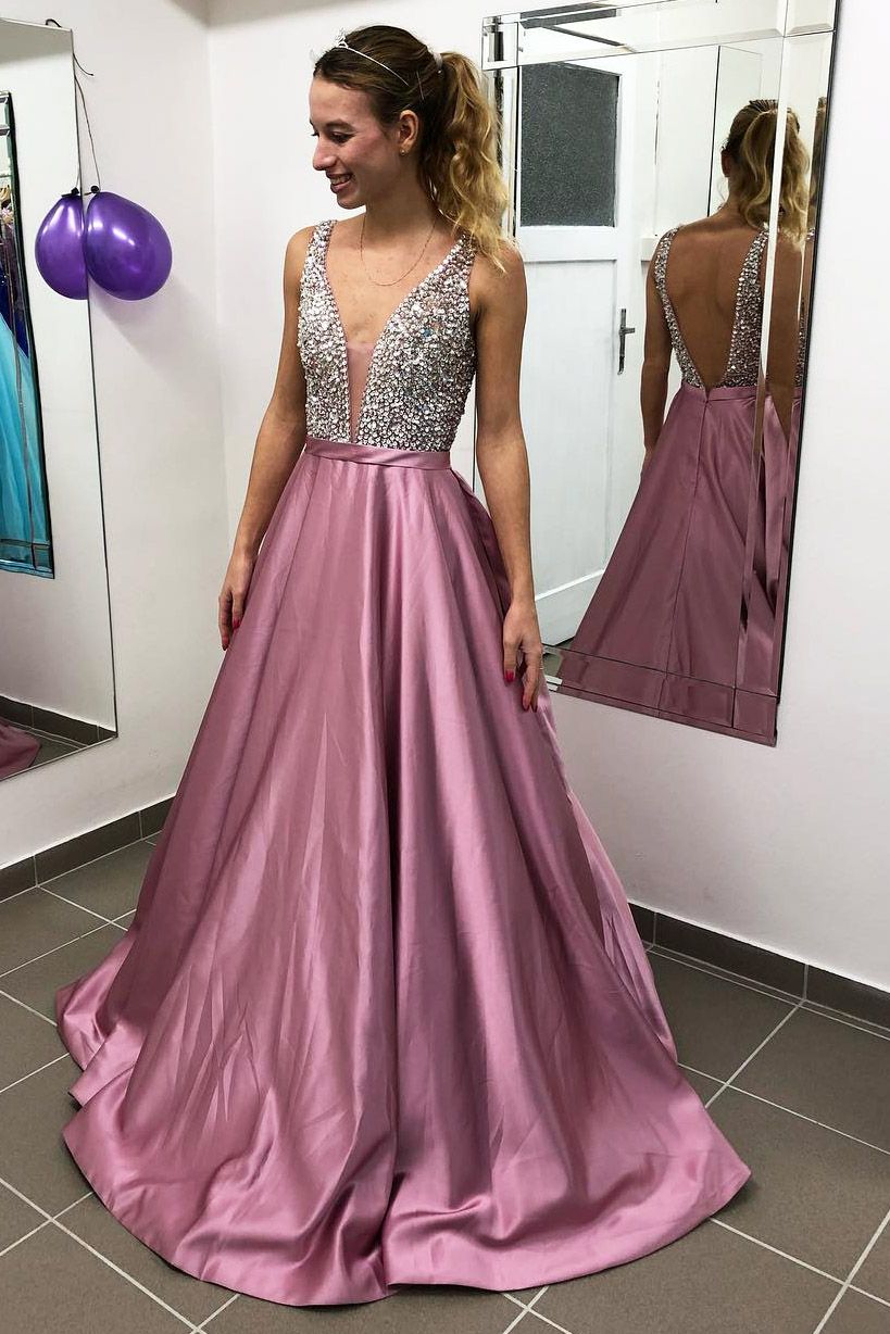 Elegant A-line V-neck Satin Open Back Long Prom Dress with Beading