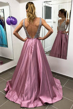Elegant A-line V-neck Satin Open Back Long Prom Dress with Beading