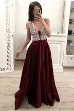 Elegant A-line V-neck Satin Open Back Long Prom Dress with Beading