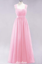 Elegant aline Sleeveless Tulle Evening Maxi Gown Burgundy Straps Bridesmaid Dress