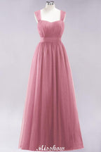 Elegant aline Sleeveless Tulle Evening Maxi Gown Burgundy Straps Bridesmaid Dress