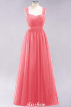 Elegant aline Sleeveless Tulle Evening Maxi Gown Burgundy Straps Bridesmaid Dress