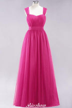 Elegant aline Sleeveless Tulle Evening Maxi Gown Burgundy Straps Bridesmaid Dress
