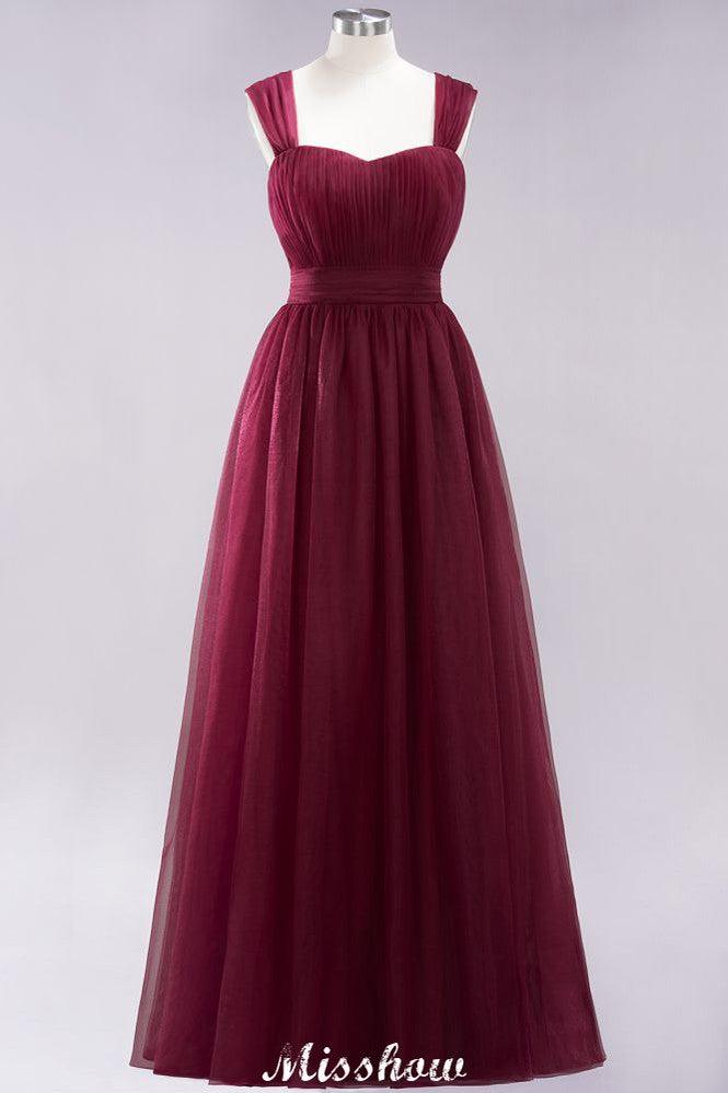 Elegant aline Sleeveless Tulle Evening Maxi Gown Burgundy Straps Bridesmaid Dress