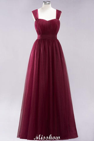 Elegant aline Sleeveless Tulle Evening Maxi Gown Burgundy Straps Bridesmaid Dress