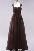 Elegant aline Sleeveless Tulle Evening Maxi Gown Burgundy Straps Bridesmaid Dress