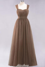 Elegant aline Sleeveless Tulle Evening Maxi Gown Burgundy Straps Bridesmaid Dress