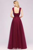Elegant aline Sleeveless Tulle Evening Maxi Gown Burgundy Straps Bridesmaid Dress