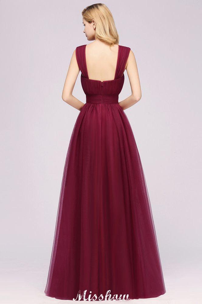Elegant aline Sleeveless Tulle Evening Maxi Gown Burgundy Straps Bridesmaid Dress