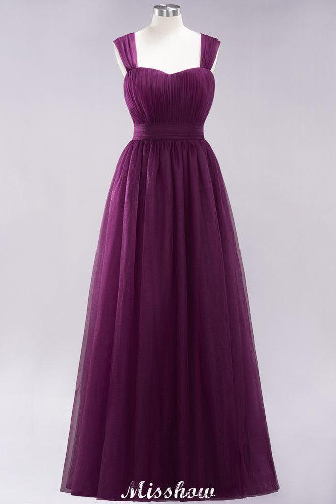 Elegant aline Sleeveless Tulle Evening Maxi Gown Burgundy Straps Bridesmaid Dress