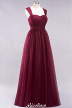 Elegant aline Sleeveless Tulle Evening Maxi Gown Burgundy Straps Bridesmaid Dress