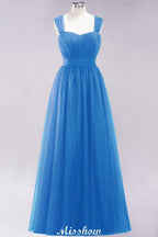 Elegant aline Sleeveless Tulle Evening Maxi Gown Burgundy Straps Bridesmaid Dress