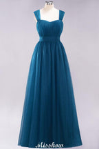 Elegant aline Sleeveless Tulle Evening Maxi Gown Burgundy Straps Bridesmaid Dress