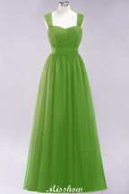 Elegant aline Sleeveless Tulle Evening Maxi Gown Burgundy Straps Bridesmaid Dress