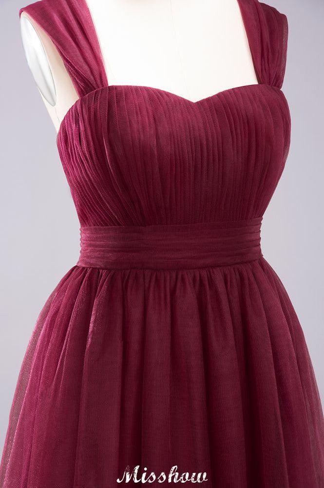 Elegant aline Sleeveless Tulle Evening Maxi Gown Burgundy Straps Bridesmaid Dress
