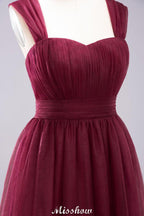 Elegant aline Sleeveless Tulle Evening Maxi Gown Burgundy Straps Bridesmaid Dress