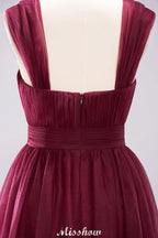 Elegant aline Sleeveless Tulle Evening Maxi Gown Burgundy Straps Bridesmaid Dress