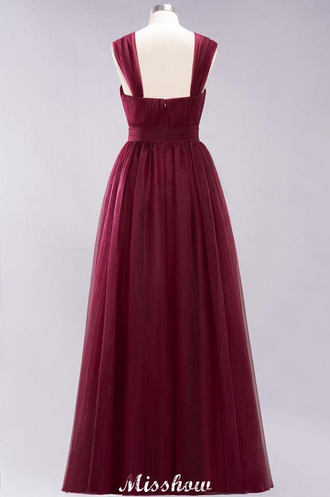 Elegant aline Sleeveless Tulle Evening Maxi Gown Burgundy Straps Bridesmaid Dress