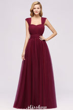 Elegant aline Sleeveless Tulle Evening Maxi Gown Burgundy Straps Bridesmaid Dress