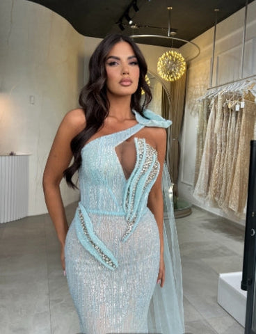 Elegant Long Mermaid Sequins One Shoulder Mermaid Sleeveless Evening Dresses