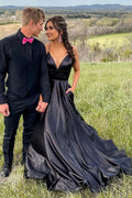 Abito da ballo lungo elegante nero A-line scollato a V con tasche