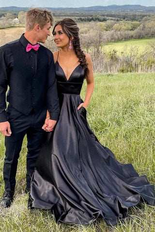 Elegantes schwarzes langes Ballkleid in A-Linie mit V-Ausschnitt und Taschen