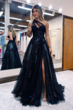 Elegant Black Long A-line One Shoulder Tulle Evening Dress with Slit
