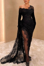 Elegante vestido de noite verde escuro com mangas compridas, sereia, renda, racha alta e luvas