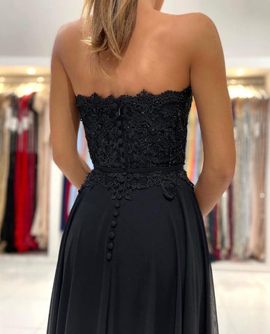 Elegant Black Long A-line Sweetheart Chiffon Prom Dress with Slit