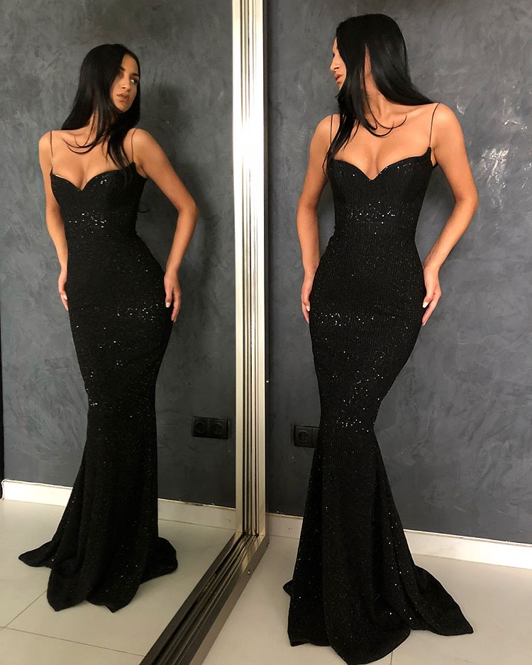 Elegantes vestidos de noite compridos com alças finas e lantejoulas, estilo sereia, pretos