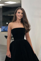 Elegant Black Strapless Sleeveless Tea Length A-line Velvet Evening Dresses