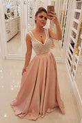 Abito da Sera Elegante Rosa Tenue Lungo da Ballo con Corpetto Unico di Perle PG841