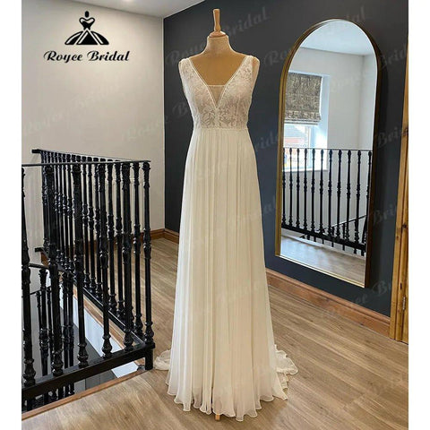 Elegantes Bohemian Boho Ärmelloses Spitzenmieder Chiffon A-Linie Brautkleid für Frauen 2024 Strand Brautkleid vestido invitada boda 