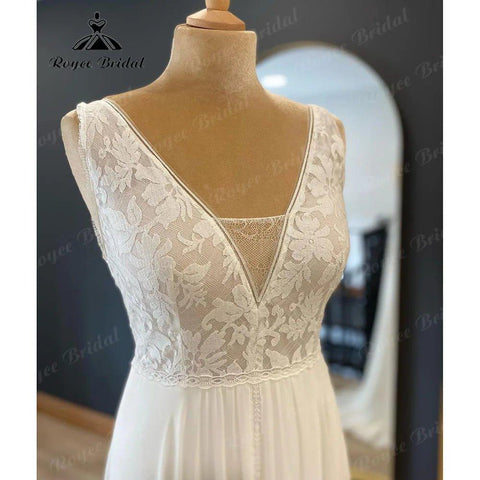 Elegantes Bohemian Boho Ärmelloses Spitzenmieder Chiffon A-Linie Brautkleid für Frauen 2024 Strand Brautkleid vestido invitada boda 