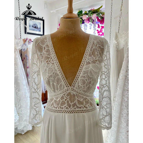 Elegantes böhmisches Langarm-V-Ausschnitt-Spitzenmieder-Boho-Hochzeitskleid für Frauen 2024 Roben Standesamtliches Hochzeitskleid für die Braut im Sommer 