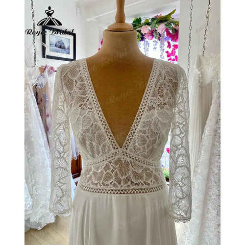 Vestido de novia bohemio elegante de manga larga, escote en V y corpiño de encaje boho para mujer 2024, vestido de novia para ceremonia civil para novia verano