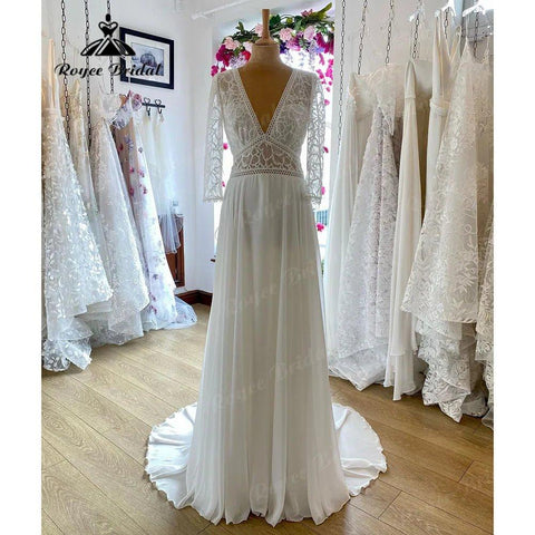 Elegantes böhmisches Langarm-V-Ausschnitt-Spitzenmieder-Boho-Hochzeitskleid für Frauen 2024 Roben Standesamtliches Hochzeitskleid für die Braut im Sommer 